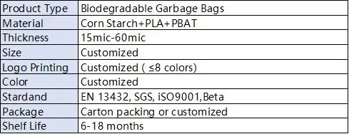 En13432 Compostable Biodegradable Corn Starch/Pbat/PLA Garbage Bags Tarsh Bags